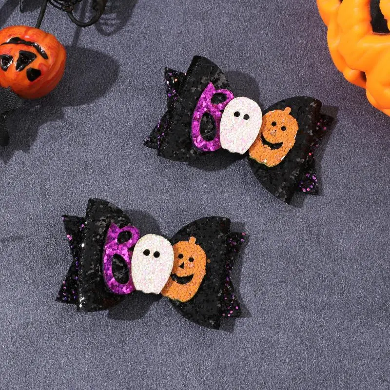 "2Pcs Glitter Bow Hair Clips, Ghost Pumpkin Design, Halloween Accessories for Girls' Party Hair