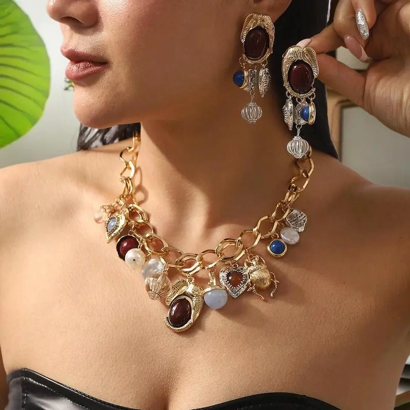 High-End Retro Necklace and Earrings set, Bohemian Resin Gemstone Beaded, Ideal for Women's Party Gift