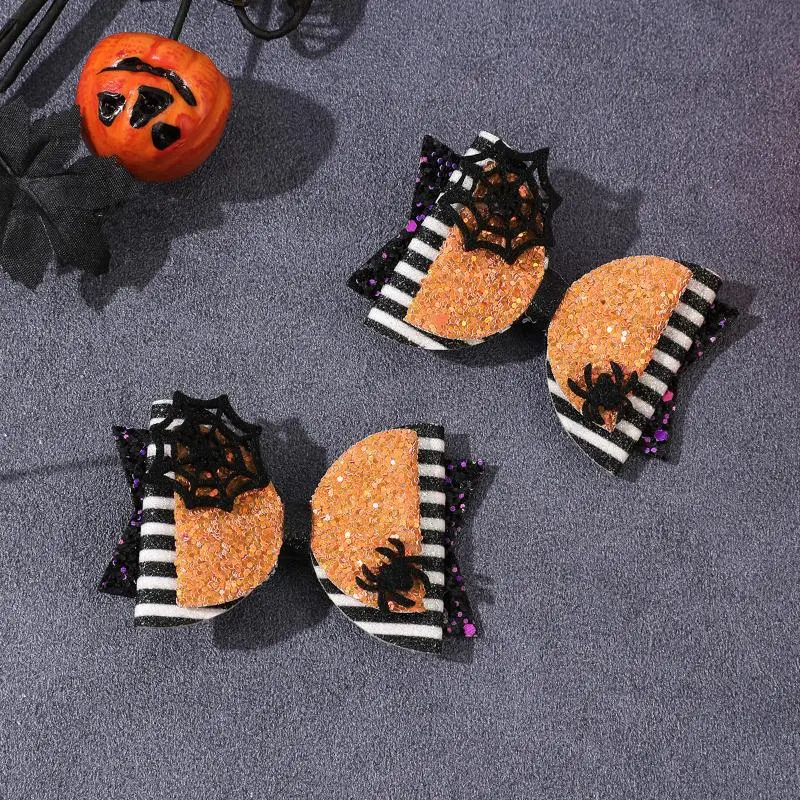 "2Pcs Glitter Bow Hair Clips, Ghost Pumpkin Design, Halloween Accessories for Girls' Party Hair