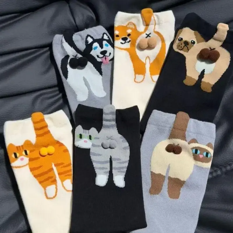 1/2Pair Sweet Dog Egg Design Cotton Socks Chic Women's Lolita Knit Calf Socks Printed Cat Rear Cat Poms Couple Sock