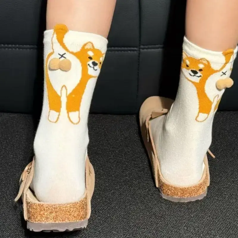 1/2Pair Sweet Dog Egg Design Cotton Socks Chic Women's Lolita Knit Calf Socks Printed Cat Rear Cat Poms Couple Sock