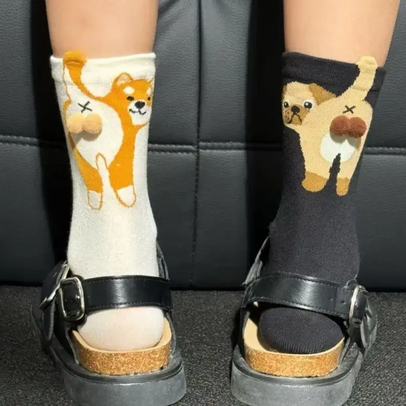 1/2Pair Sweet Dog Egg Design Cotton Socks Chic Women's Lolita Knit Calf Socks Printed Cat Rear Cat Poms Couple Sock