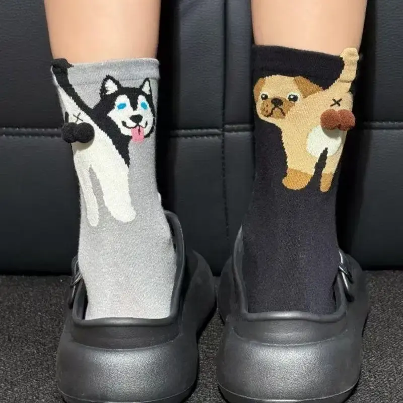 1/2Pair Sweet Dog Egg Design Cotton Socks Chic Women's Lolita Knit Calf Socks Printed Cat Rear Cat Poms Couple Sock