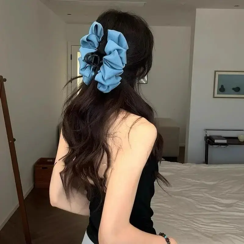 Elegant Denim Blue Pleated Hair Claw, Shark Clip for Girls and Women, Large Back Of The Head Grab Clip Hair Accessory