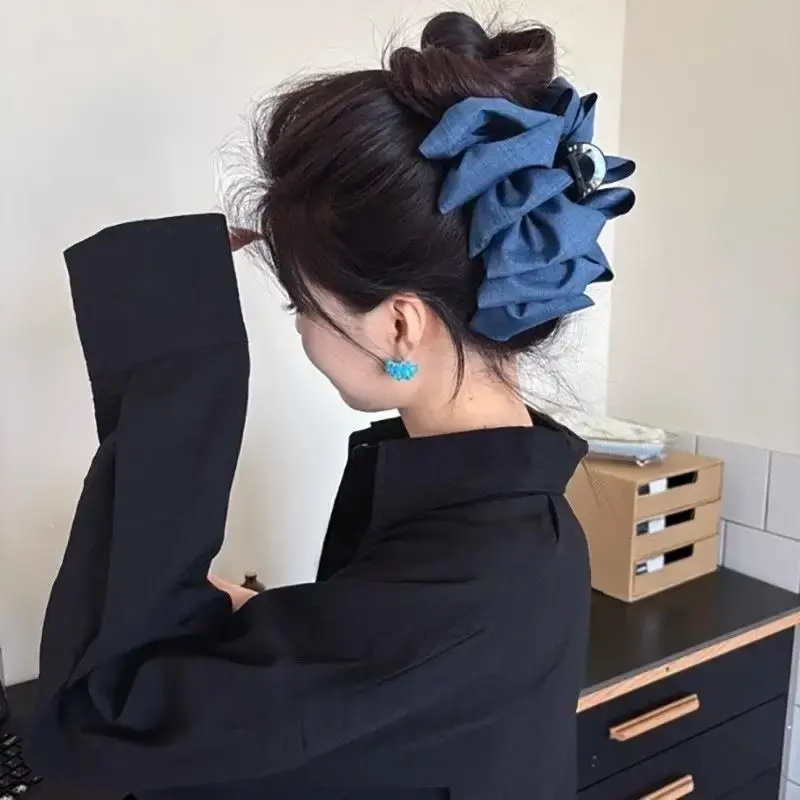 Elegant Denim Blue Pleated Hair Claw, Shark Clip for Girls and Women, Large Back Of The Head Grab Clip Hair Accessory