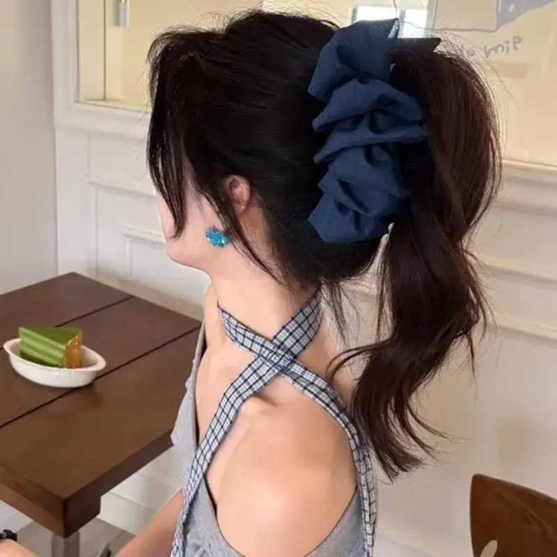 Elegant Denim Blue Pleated Hair Claw, Shark Clip for Girls and Women, Large Back Of The Head Grab Clip Hair Accessory