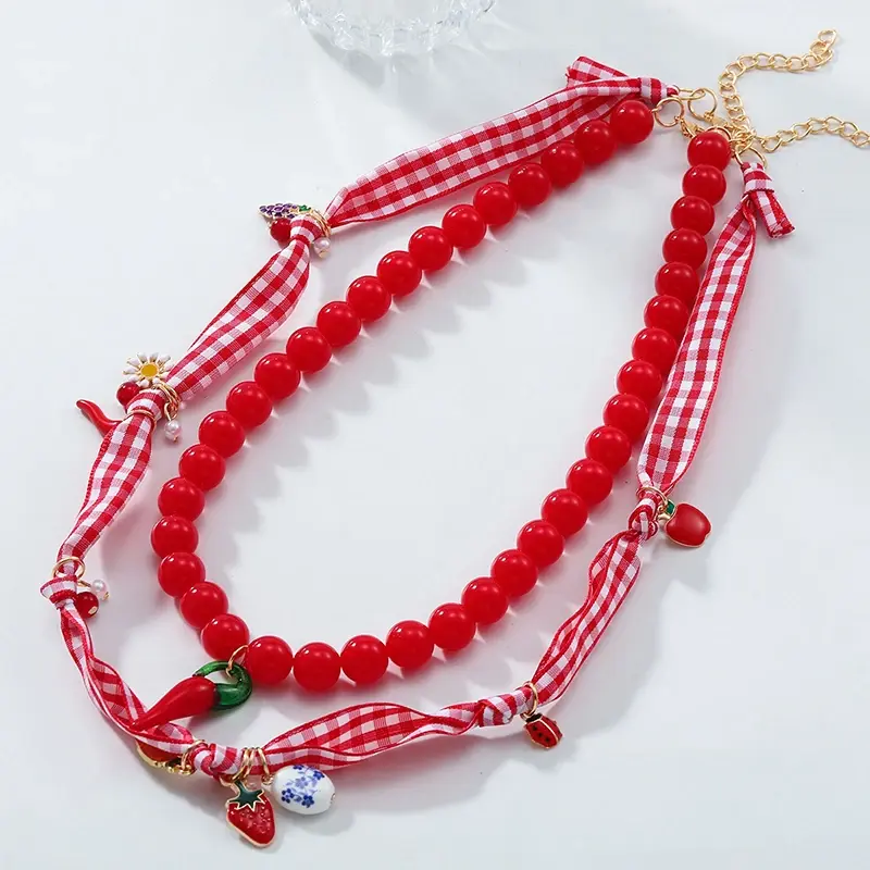 Fashion Choker Necklace With Sweet Multi-layers of Beads In Retro Style - Pepper Carrot Strawberry Apple Handcrafted Details