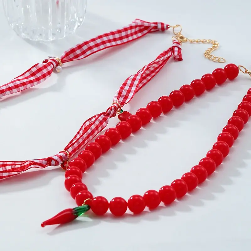 Fashion Choker Necklace With Sweet Multi-layers of Beads In Retro Style - Pepper Carrot Strawberry Apple Handcrafted Details