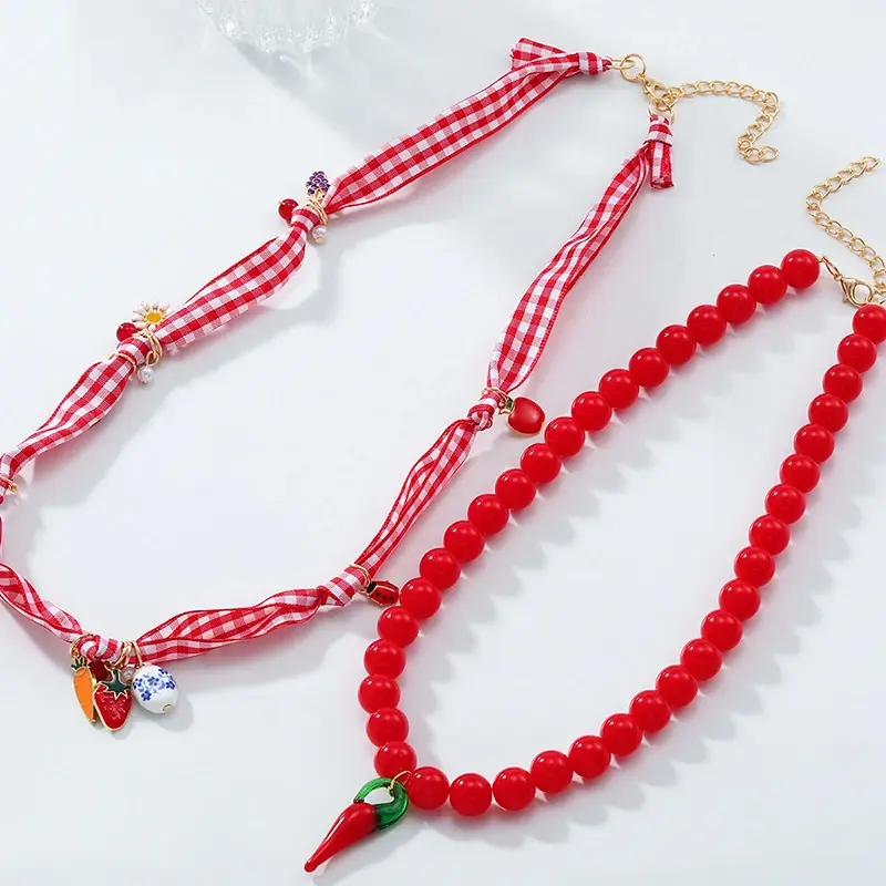 Fashion Choker Necklace With Sweet Multi-layers of Beads In Retro Style - Pepper Carrot Strawberry Apple Handcrafted Details