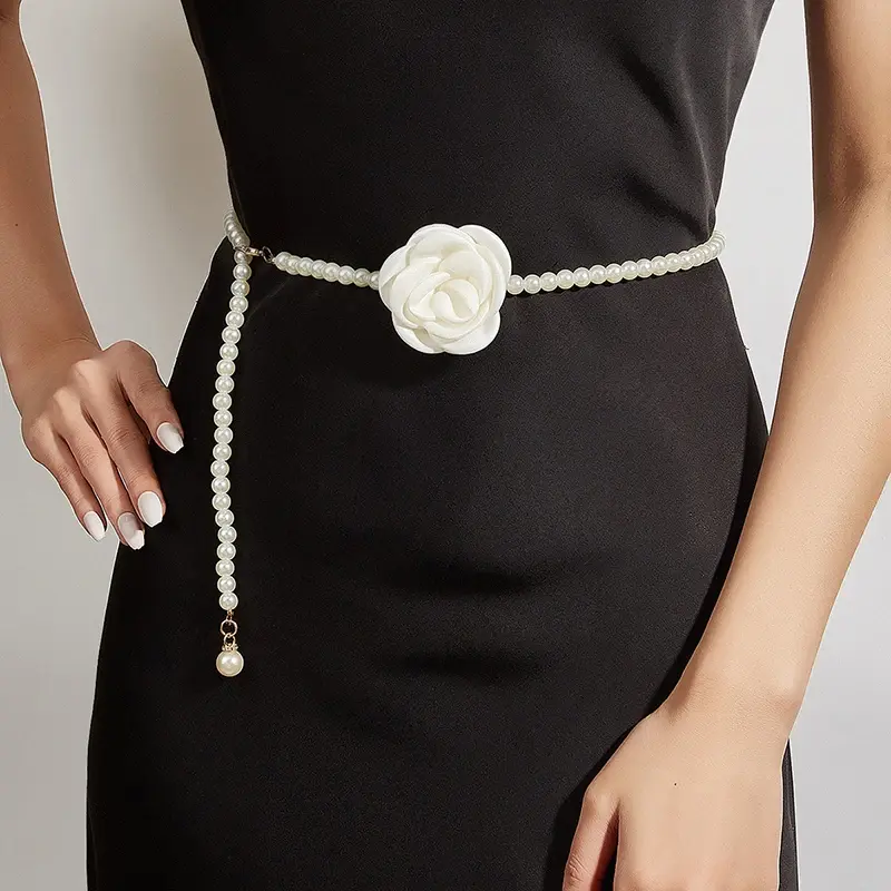 Trendy Pearl Waist Chain with Floral Detail; Elegantly Thin Belt for Women and Girls; Perfect Dress Accessory Gift