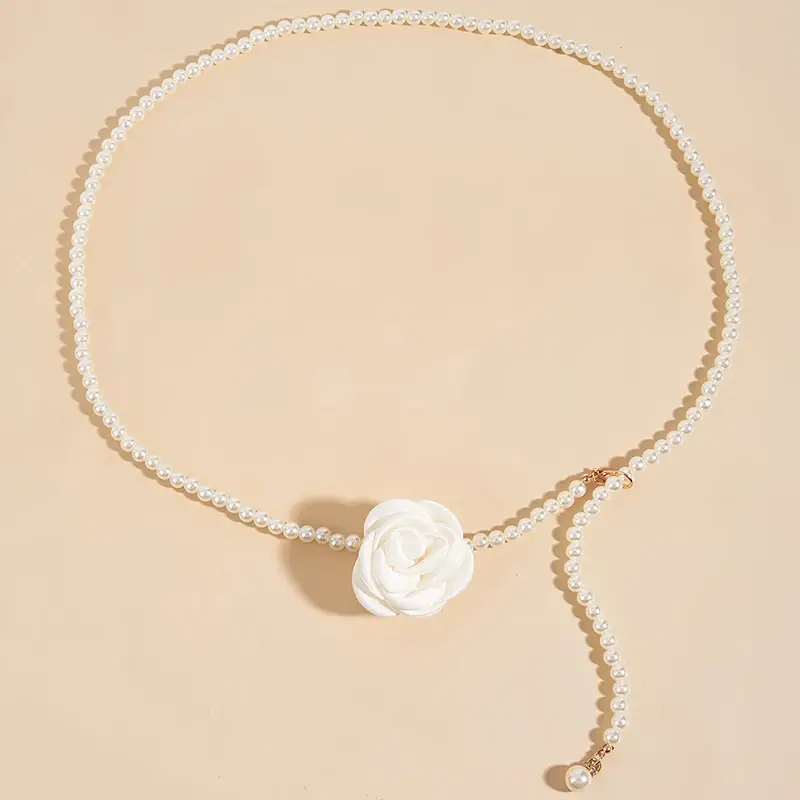 Trendy Pearl Waist Chain with Floral Detail; Elegantly Thin Belt for Women and Girls; Perfect Dress Accessory Gift