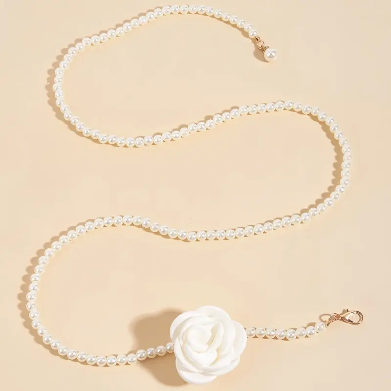 Trendy Pearl Waist Chain with Floral Detail; Elegantly Thin Belt for Women and Girls; Perfect Dress Accessory Gift