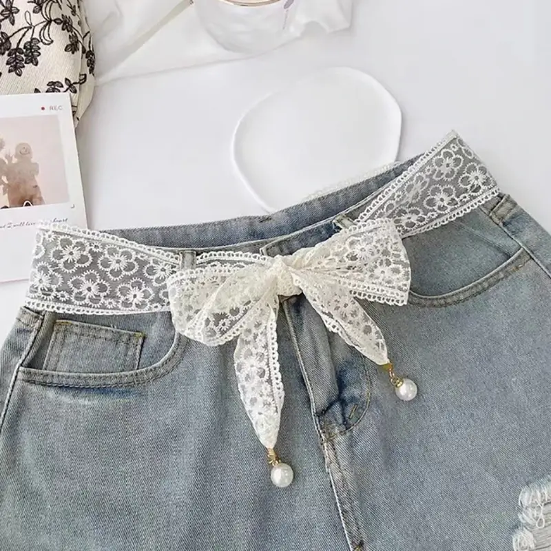 Korean Style Pearl Pendant Lace Knot Belt, Perfect Long Ribbon Scarf Detail for Skirts & Jackets