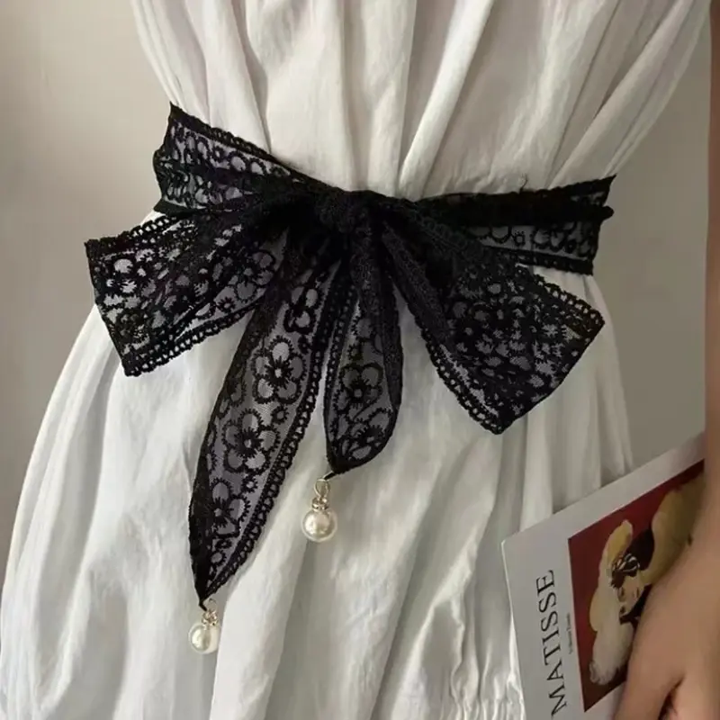 Korean Style Pearl Pendant Lace Knot Belt, Perfect Long Ribbon Scarf Detail for Skirts & Jackets