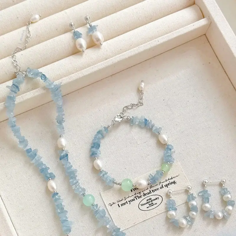 Sea Blue Imitation Baroque Pearl Necklace Women's Niche All-match Necklace Small Fresh Clavicle Chain Fashionable Jewelry Suit