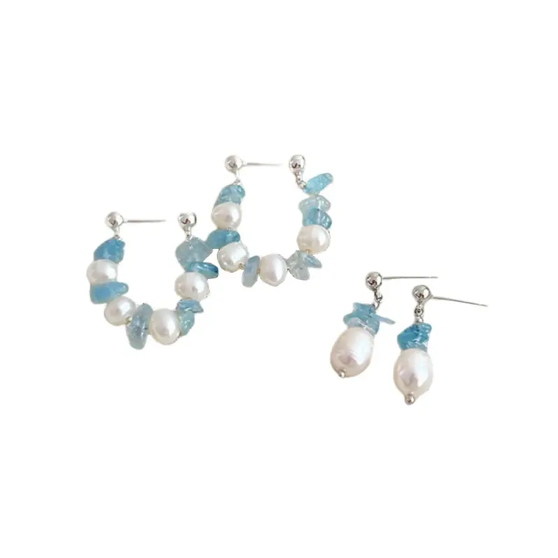 Sea Blue Imitation Baroque Pearl Necklace Women's Niche All-match Necklace Small Fresh Clavicle Chain Fashionable Jewelry Suit