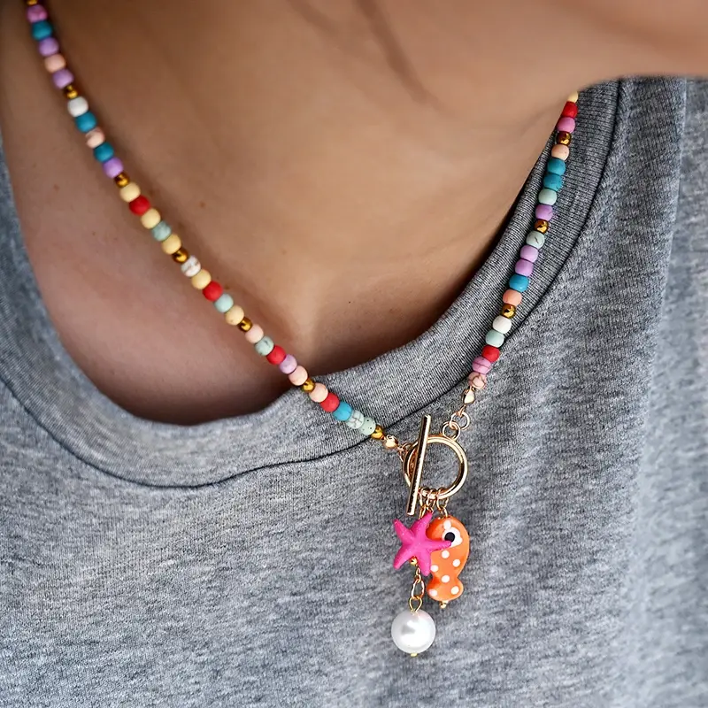 Vibrant Boho Ceramic Fish Necklace for Women, Adjustable Rainbow Rope Choker, Ideal for Summer Holidays and Beach