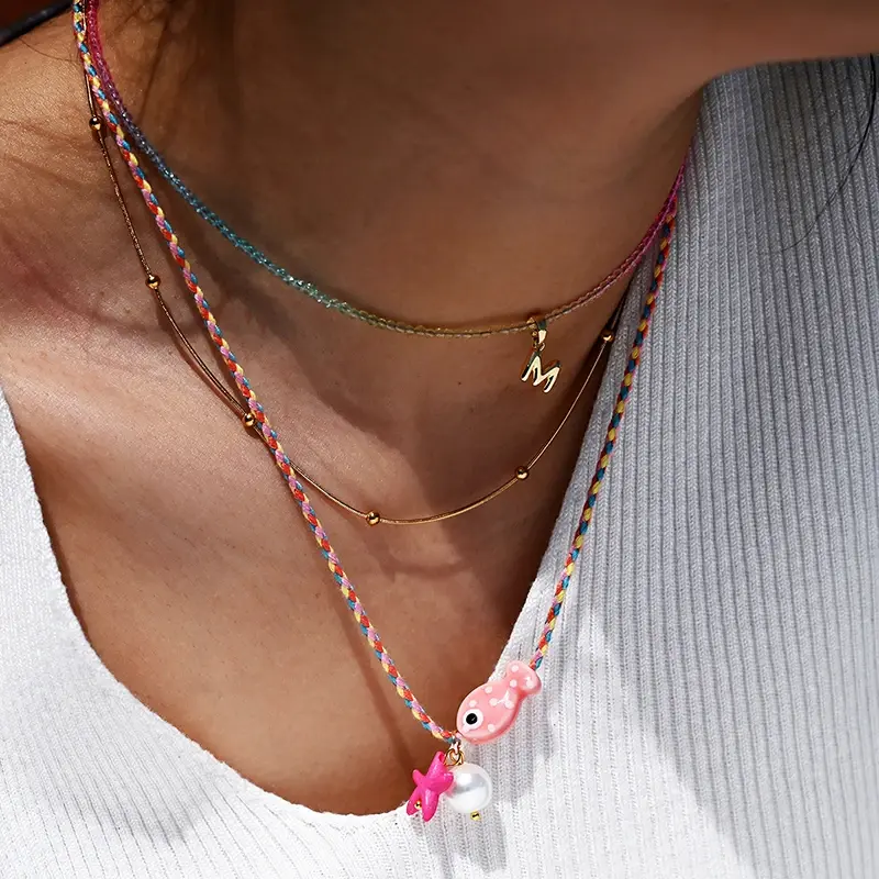 Vibrant Boho Ceramic Fish Necklace for Women, Adjustable Rainbow Rope Choker, Ideal for Summer Holidays and Beach