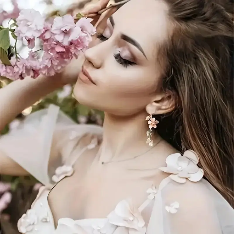 Sweet Romantic Pink Flower Leaves Earrings Women's Long Tassel Drop Earrings Elegant Holiday Party Gift Accessories