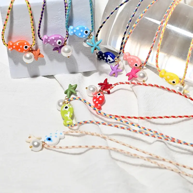 Vibrant Boho Ceramic Fish Necklace for Women, Adjustable Rainbow Rope Choker, Ideal for Summer Holidays and Beach