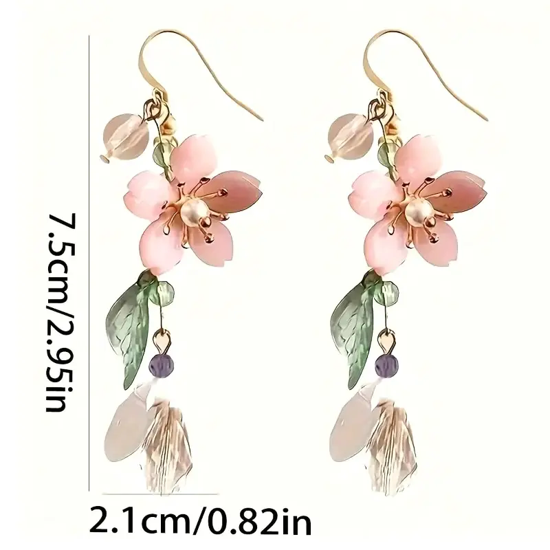 Sweet Romantic Pink Flower Leaves Earrings Women's Long Tassel Drop Earrings Elegant Holiday Party Gift Accessories