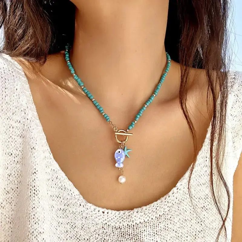 Ceramic Cartoon Fish Pendant Necklace For Women Girls Colorful Rice Beads Starfish OT Buckle Choker Summer Beach Party Jewelry