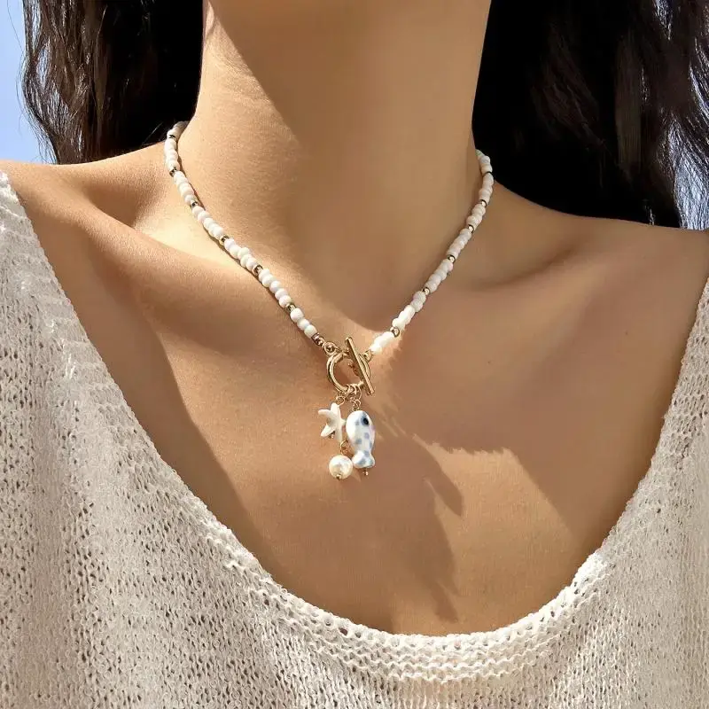 Ceramic Cartoon Fish Pendant Necklace For Women Girls Colorful Rice Beads Starfish OT Buckle Choker Summer Beach Party Jewelry