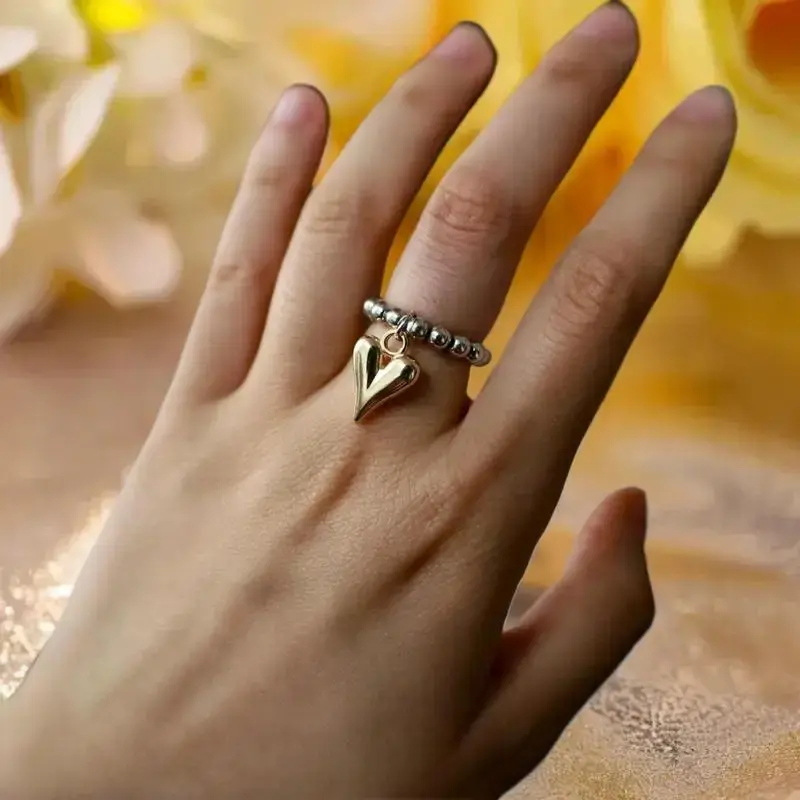 Adjustable Ring with Gold Heart Pendant, Elegant Metal Rope String and CCB Beads, European and American Design
