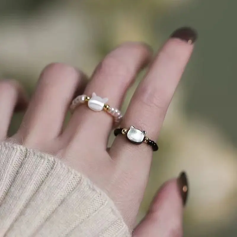 Artisan-Made Elastic Ring With Faux Crystal Beads, Cat Design for Girls/Women.