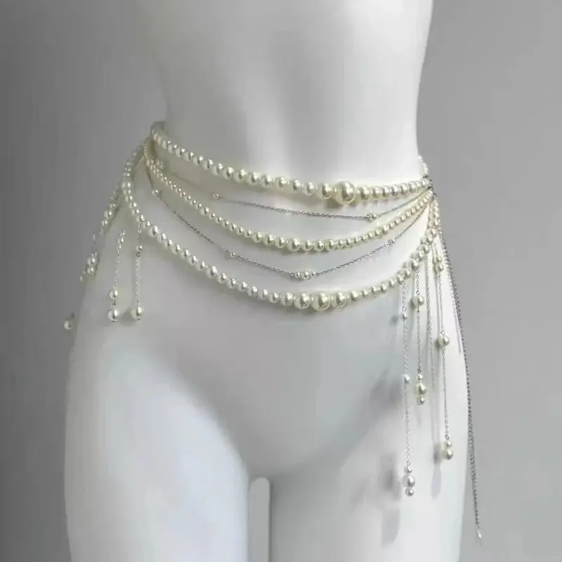 Stylish Pearl Waist Belt with Multi-Strand Flower Tassels; Perfect Women's Clothing Accessory