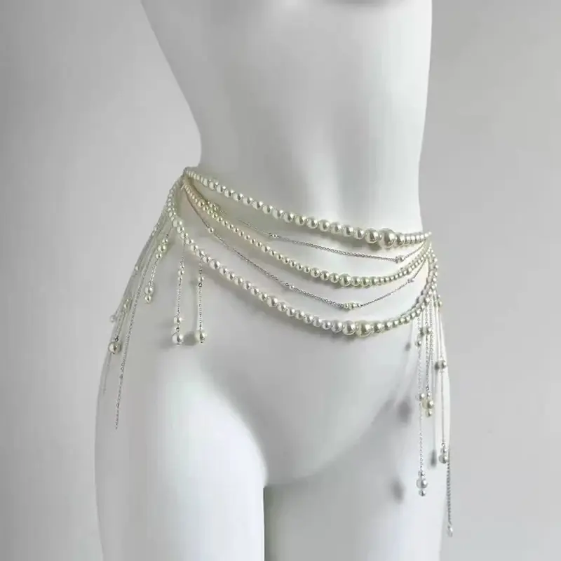 Stylish Pearl Waist Belt with Multi-Strand Flower Tassels; Perfect Women's Clothing Accessory