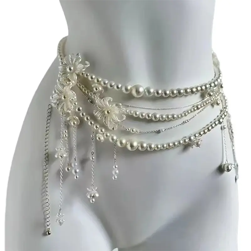 Stylish Pearl Waist Belt with Multi-Strand Flower Tassels; Perfect Women's Clothing Accessory