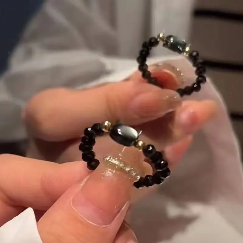 Artisan-Made Elastic Ring With Faux Crystal Beads, Cat Design for Girls/Women.