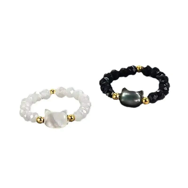 Artisan-Made Elastic Ring With Faux Crystal Beads, Cat Design for Girls/Women.