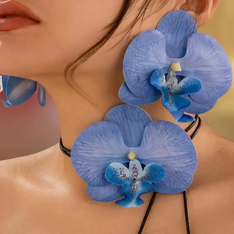 Opulent Butterfly Orchid Stud Earrings & Necklace for Women; Significant Floral Accent Wedding Jewelry Gifts