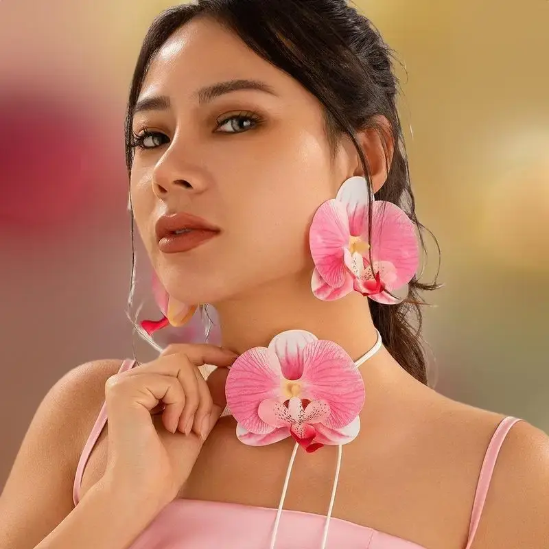 Opulent Butterfly Orchid Stud Earrings & Necklace for Women; Significant Floral Accent Wedding Jewelry Gifts