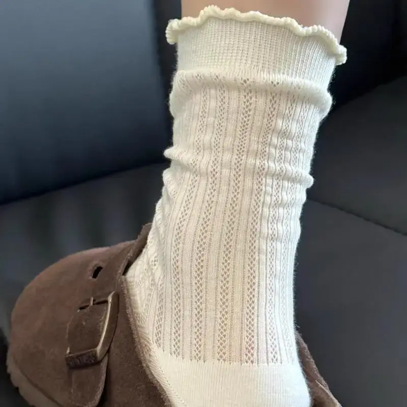 Women's Summer Mesh Mid Tube Socks, Solid Color with Wavy Edges, Ballet Style