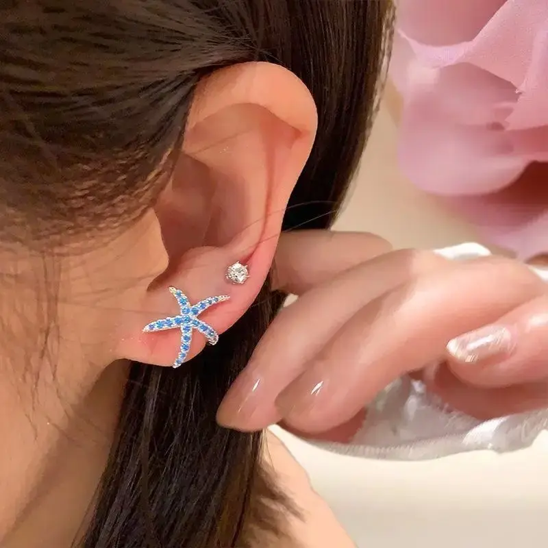 Trend-Setting Blue Diamond Starfish Summer Ear Studs; Adorable Small Accessory for Women, Girls and Beach Parties.