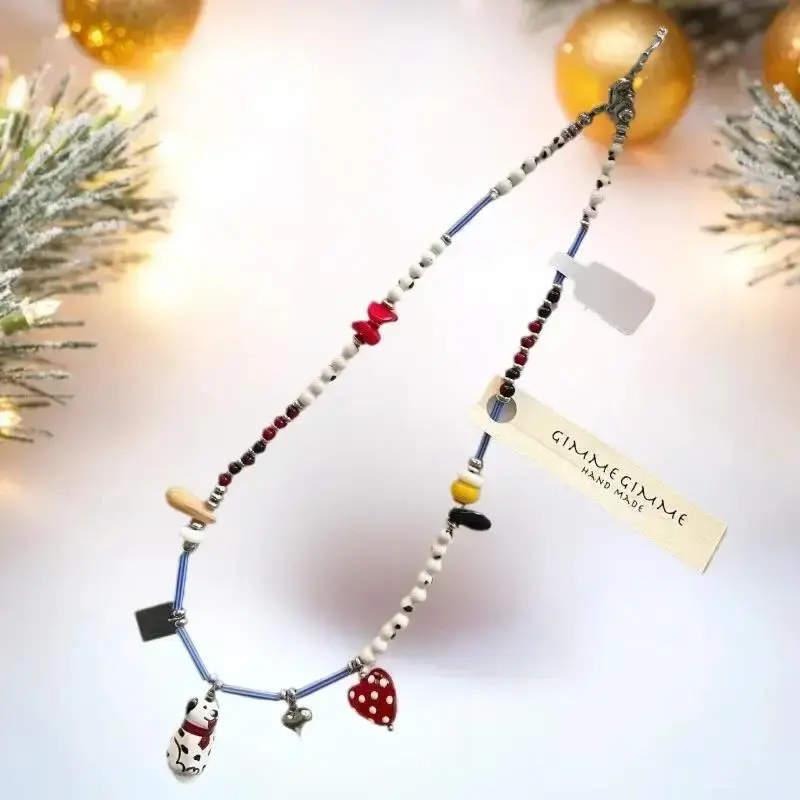 Trendy Personalized Jewelry: Black and White Beaded Dalmatian Puppy Pendant Necklace