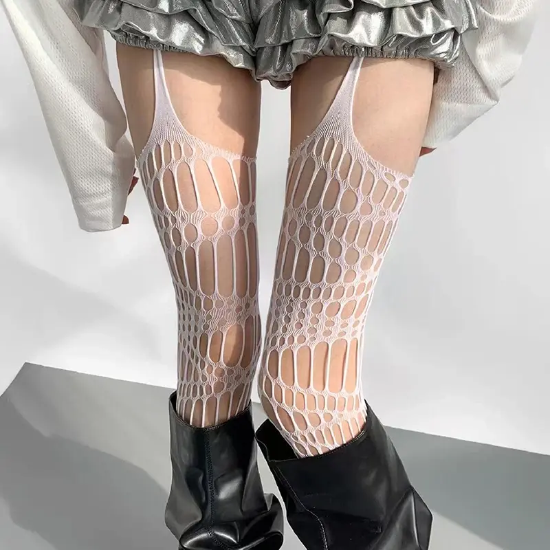 Ladies Alluring Lace Fishnet Tights with Hollow Detailing; Slim-Fit Suspenders Pantyhose Exposing Skin Irregularly.