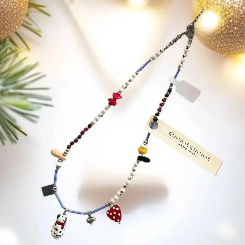Trendy Personalized Jewelry: Black and White Beaded Dalmatian Puppy Pendant Necklace
