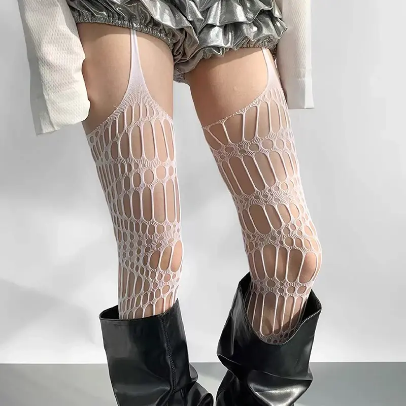 Ladies Alluring Lace Fishnet Tights with Hollow Detailing; Slim-Fit Suspenders Pantyhose Exposing Skin Irregularly.