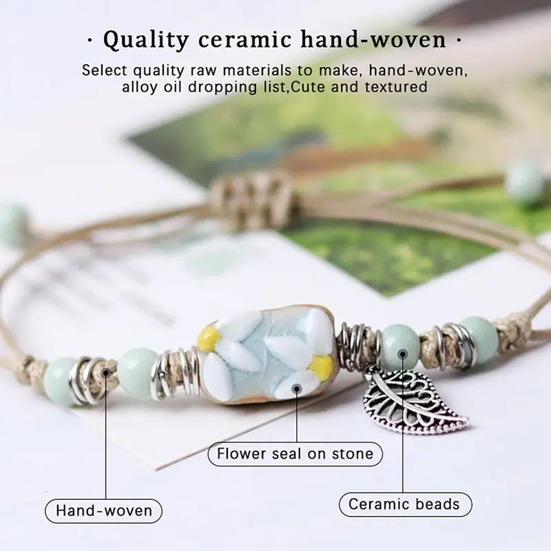Handmade Vintage Ceramic Bracelet with Sunflower Leaf Design, Adjustable Ethnic Jewelry for Women
