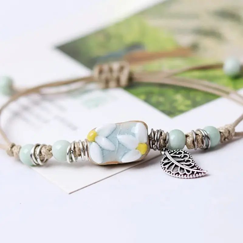 Handmade Vintage Ceramic Bracelet with Sunflower Leaf Design, Adjustable Ethnic Jewelry for Women