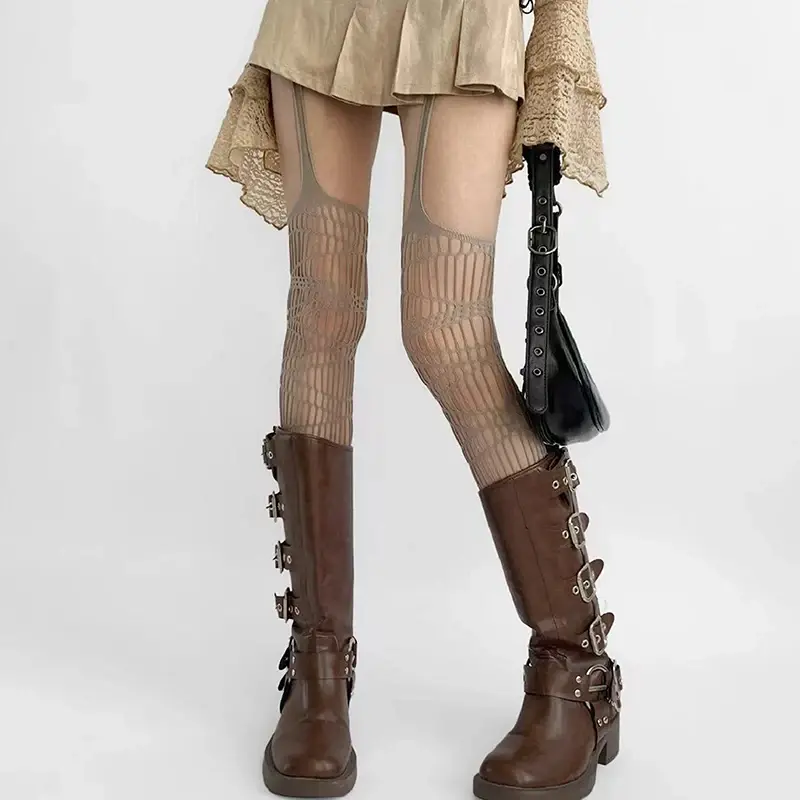 Ladies Alluring Lace Fishnet Tights with Hollow Detailing; Slim-Fit Suspenders Pantyhose Exposing Skin Irregularly.