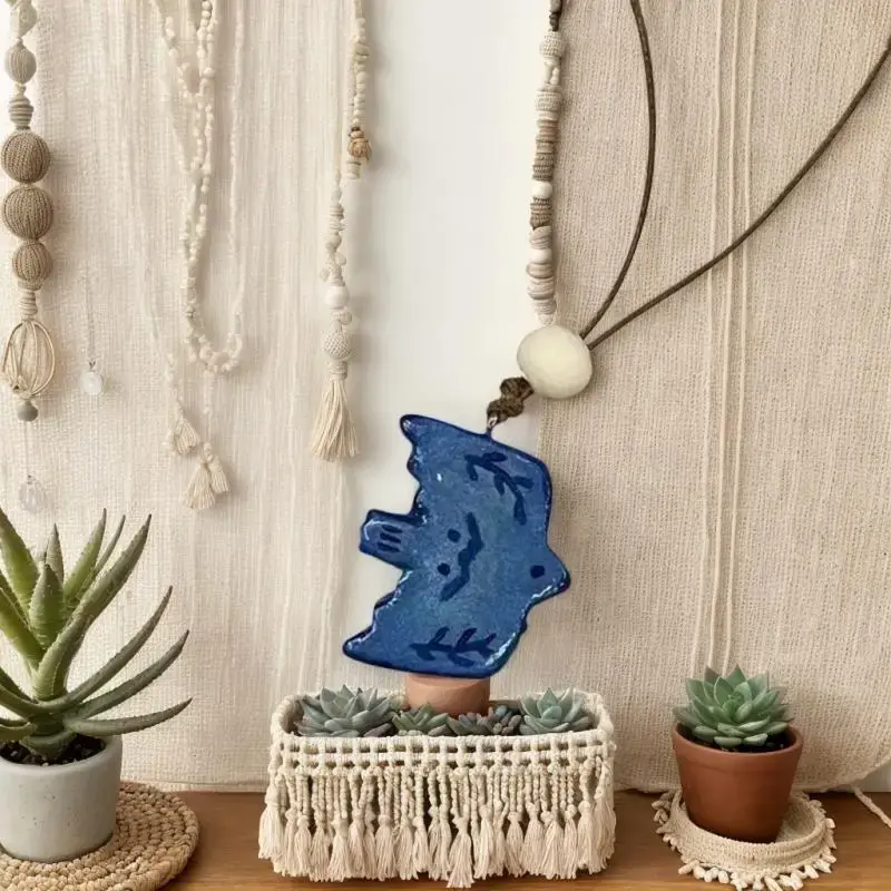 Stylish Antique Blue Bird Pendant Necklace; Ceramic Jewelry; Leather Rope; Allergy-Free