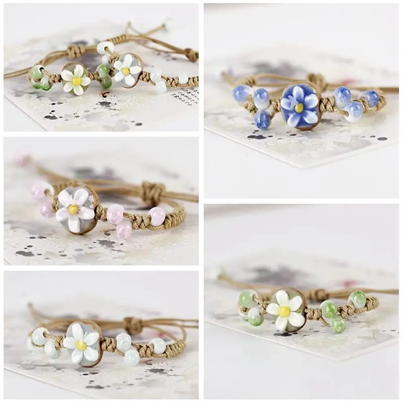 Handmade Vintage Ceramic Bracelet with Sunflower Leaf Design, Adjustable Ethnic Jewelry for Women