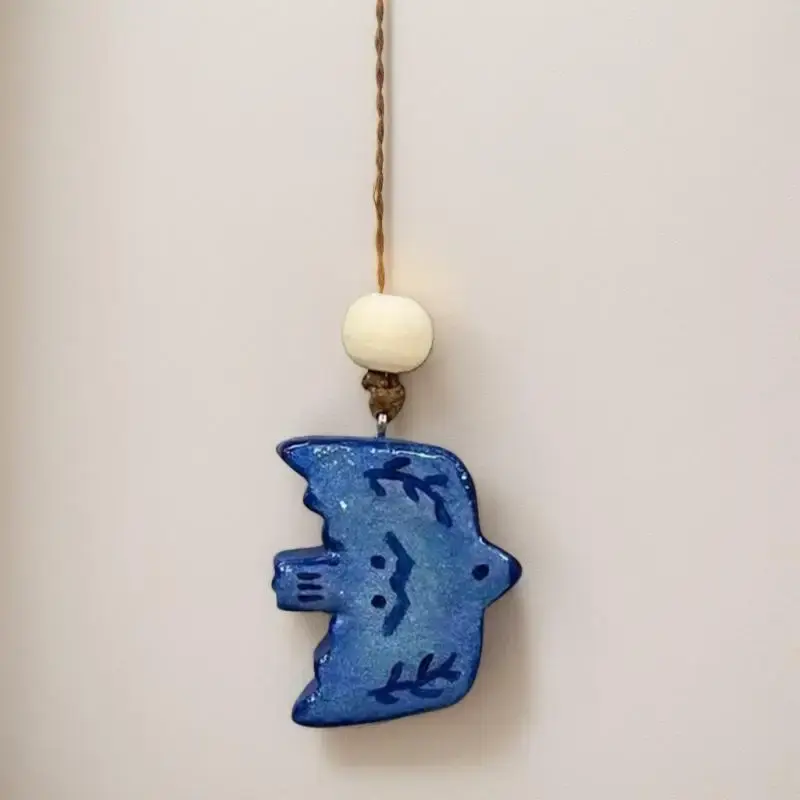 Stylish Antique Blue Bird Pendant Necklace; Ceramic Jewelry; Leather Rope; Allergy-Free