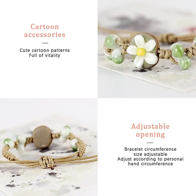 Handmade Vintage Ceramic Bracelet with Sunflower Leaf Design, Adjustable Ethnic Jewelry for Women