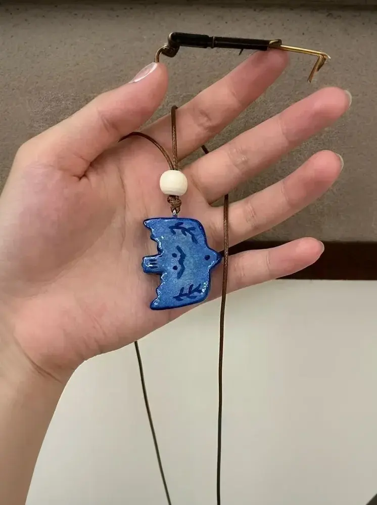 Stylish Antique Blue Bird Pendant Necklace; Ceramic Jewelry; Leather Rope; Allergy-Free